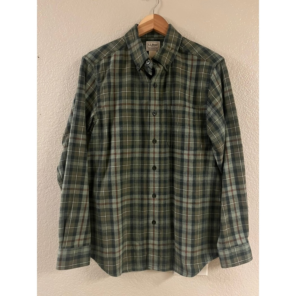 LL Bean Mens Scotch Plaid Flannel Shirt Green Gray Traditional Fit S NEW 228061